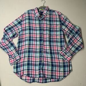 Tommy Bahama Shirt Mens M Blue Pink Plaid Linen Long Sleeve Button Up Hawaiian